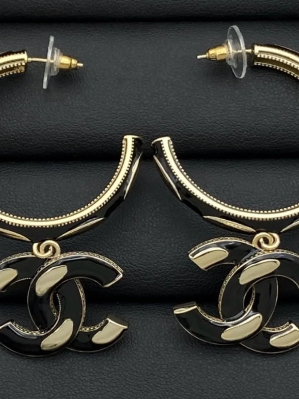 Gold & Black Interlocking Logo Hoop Earrings - Designer Style